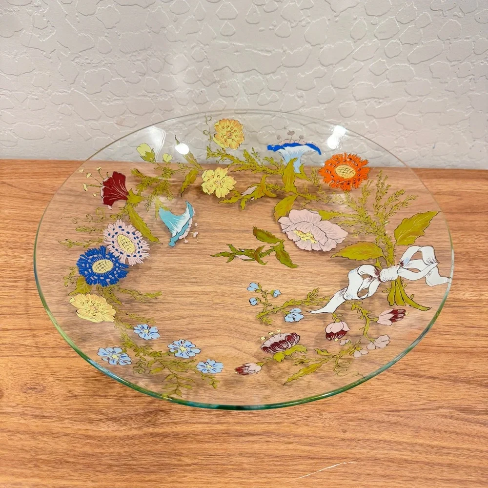 Vintage Dorothy Thorpe Hand-Painted Floral Glass Accent Bowl Platter